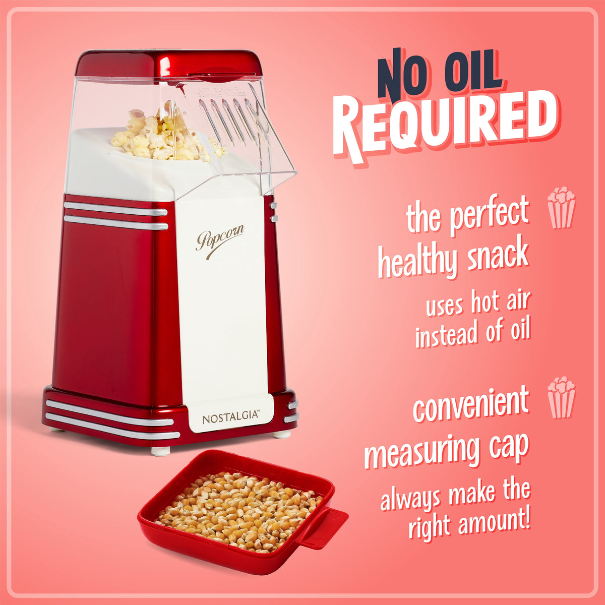 Hot Air Popcorn Maker, 8-Cup Countertop Popcorn Machine with Measuring Cup, Red