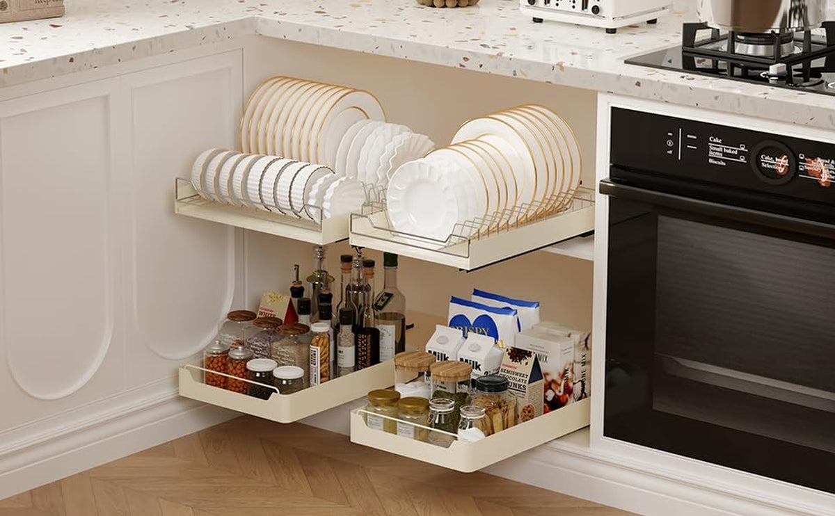 Pull Out Cabinet Organizer, Extendable Slide Out Dish Drying Rack Fixed with Adhesive Film for Kitchen Cabinets, Pull Out Drawer for Kitchen under Sink Storage