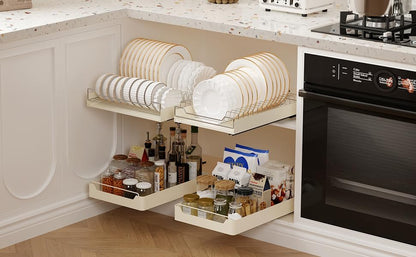 Pull Out Cabinet Organizer, Extendable Slide Out Dish Drying Rack Fixed with Adhesive Film for Kitchen Cabinets, Pull Out Drawer for Kitchen under Sink Storage