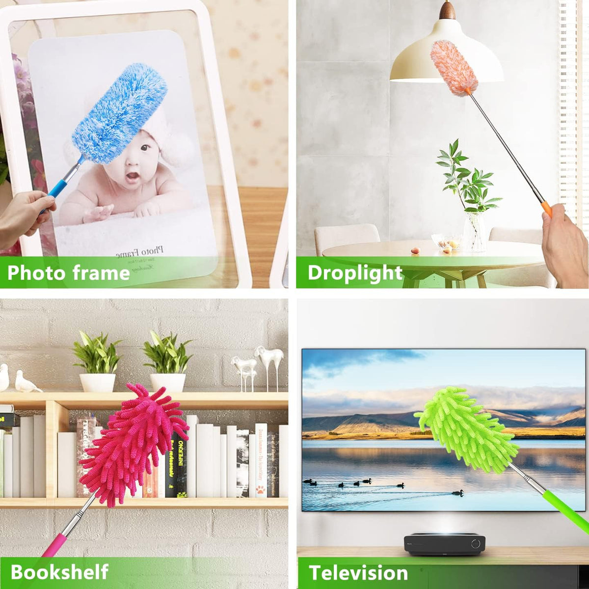 4 Pcs Extendable and Washable Microfibre Feather Duster,13" to 30" Reachable, Microfibre Cleaning Tool, Small Dusters for Cleaning Office, Car, Computer, Furniture, Sofa