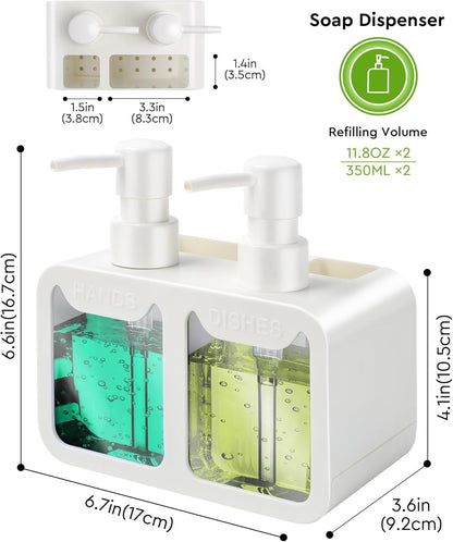 Kitchen Hand Soap and Dish Soap Dispenser Set, Dual Soap Dispenser with Sponge Caddy and Brush Holder 4-In-1 Organizer for Sink Countertop, Useful Kitchen Gadgets - White