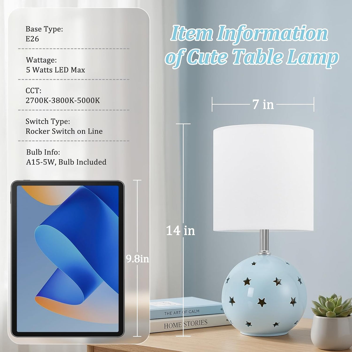 Small Table Lamp, 14" Blue Ceramic Bedside Lamp for Girls Kids Bedroom,Dorm