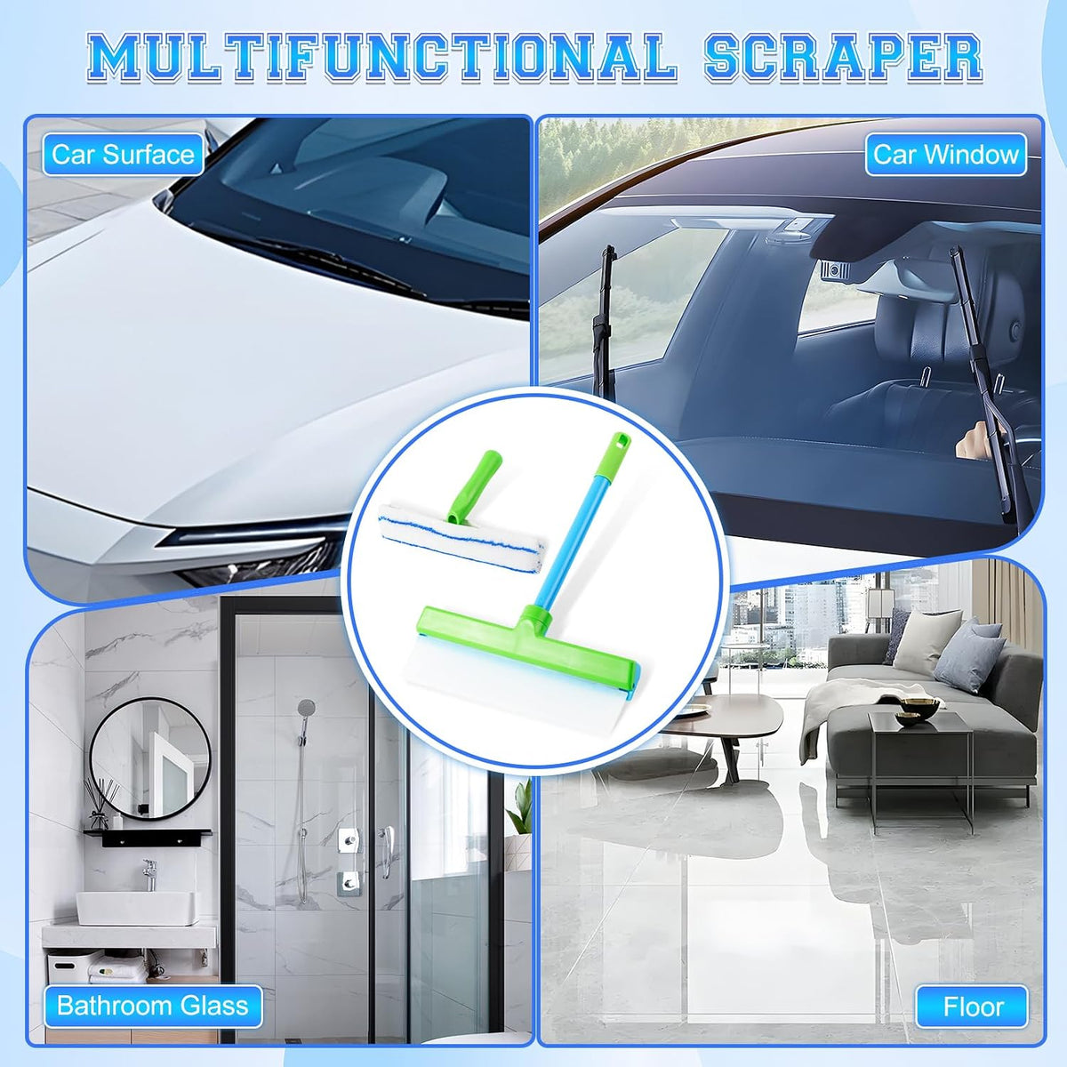 Window Cleaning Kit, Window Squeegee, Recyclable Silicone Window Squeegee Kit, 3 in 1 Glass Cleaning Tool with Rotatable Rubber Microfiber Scrubber (1 Set)
