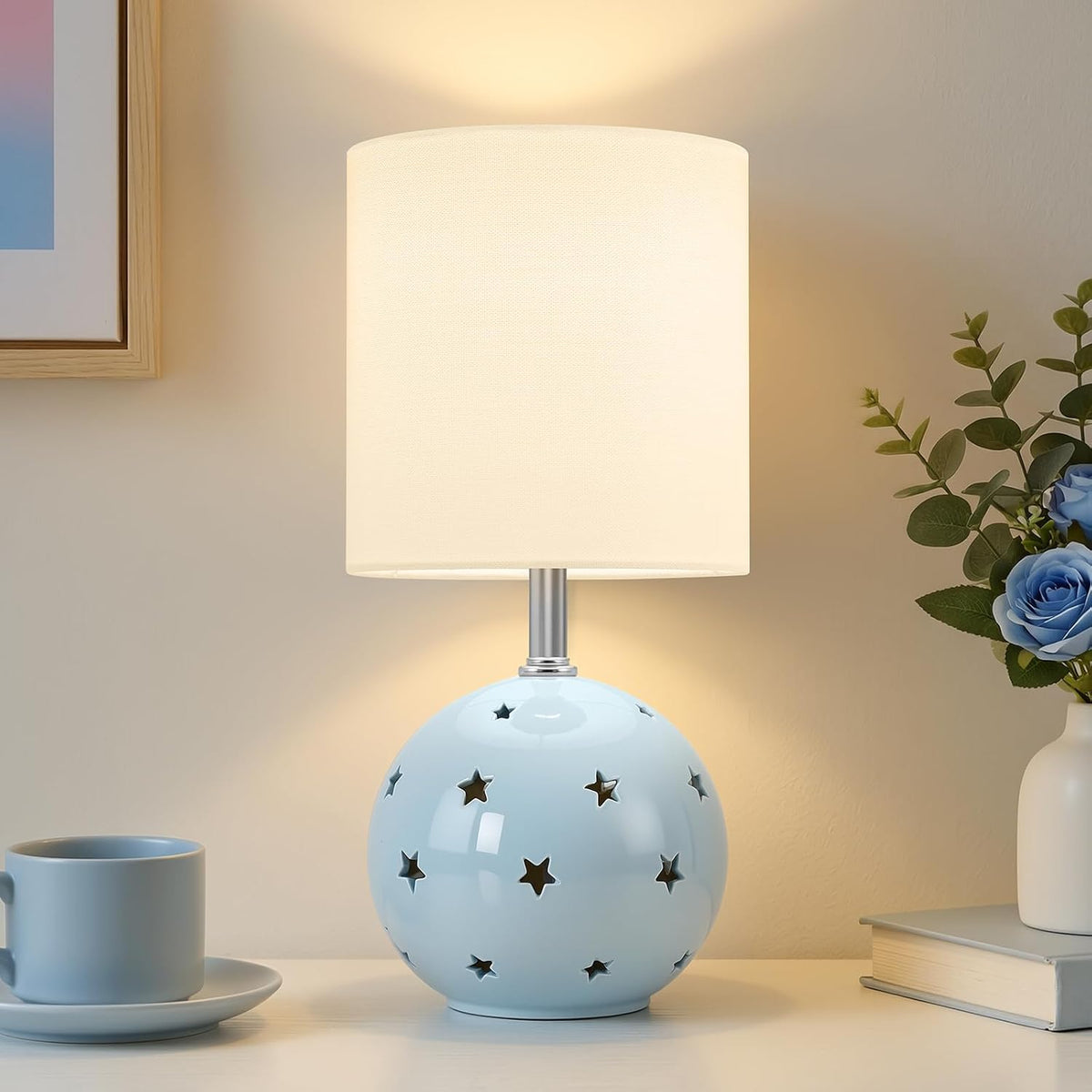 Small Table Lamp, 14" Blue Ceramic Bedside Lamp for Girls Kids Bedroom,Dorm