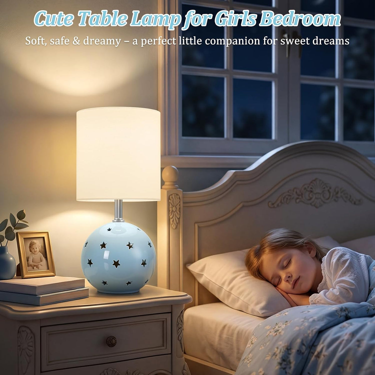 Small Table Lamp, 14" Blue Ceramic Bedside Lamp for Girls Kids Bedroom,Dorm