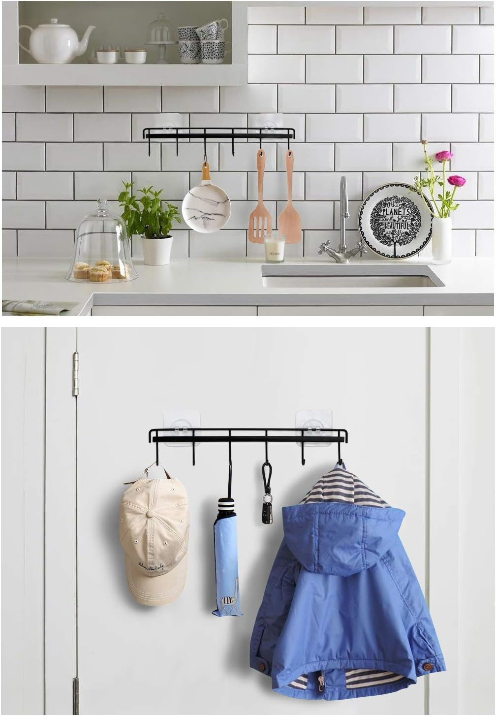 Adhesive Wall Hooks Rack Kitchen Rail, Space Saving Utensil Holder No Drilling Wall Mounted Accessory Hanger with 6 Hooks for Kitchen Bathroom Bedroom Pack of 2 (Black)