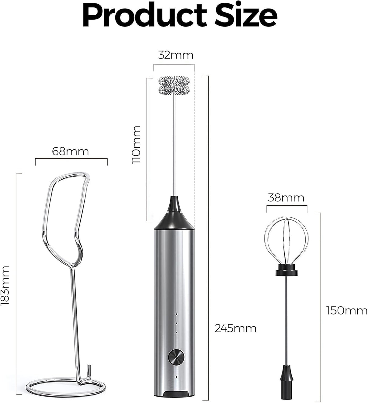 Rechargeable Milk Frother, 3-Speed Electric Whisk, 2 Heads