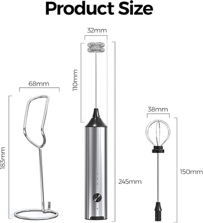 Rechargeable Milk Frother, 3-Speed Electric Whisk, 2 Heads