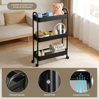 Slim Rolling Cart, Metal Frame Utility Rolling 3-Tier Narrow Storage Cart