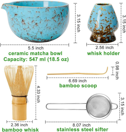 Matcha Bowl and Whisk Set, Bpa-Free – Multi-Layer Ice-Crackle Ceramic Chawan with Spout, Bamboo Chasen, Holder, Scoop & Sifter | Japanese Ceremonial Matcha Tea Kit for Lattes & Beginners