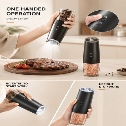 Rechargeable Electric Salt and Pepper Grinder Set Gravity Salt and Pepper Mills Set with LED Light, No Battery Needed, Adjustable Coarseness, Washable 135Ml Container