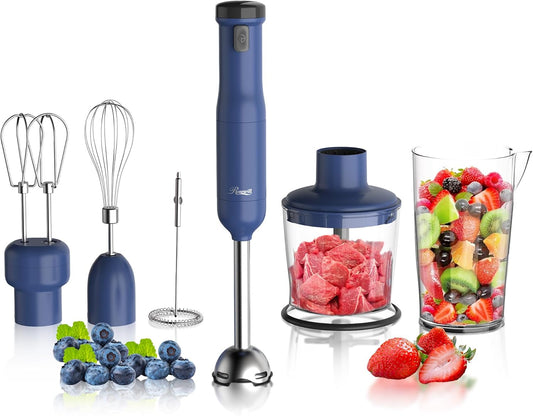 6-In-1 Multi-Speed Cordless Rechargeable Immersion Hand Blender, Heavy Duty Motor - Stick Blender, Beaker, Whisk, Chopper, Dual Beater, Milk Frother - for Smoothies, Baby Food, Soup - Blue