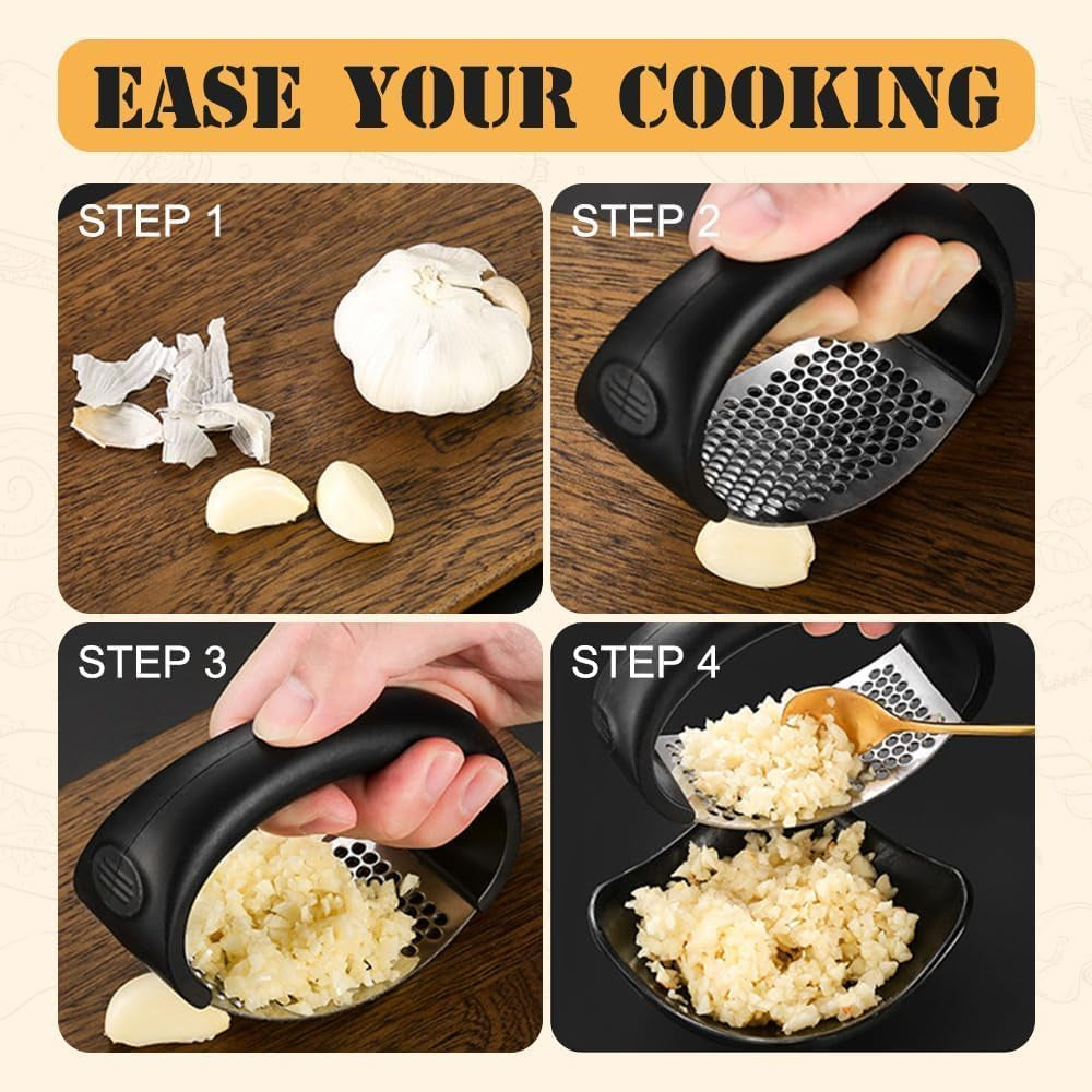 Garlic Press Rocker, Portable Manual Stainless Steel Garlic Press Rocker Crusher Masher with Garlic Peeling Drum for Home Kitchen Utensils Garlic Crusher (2)
