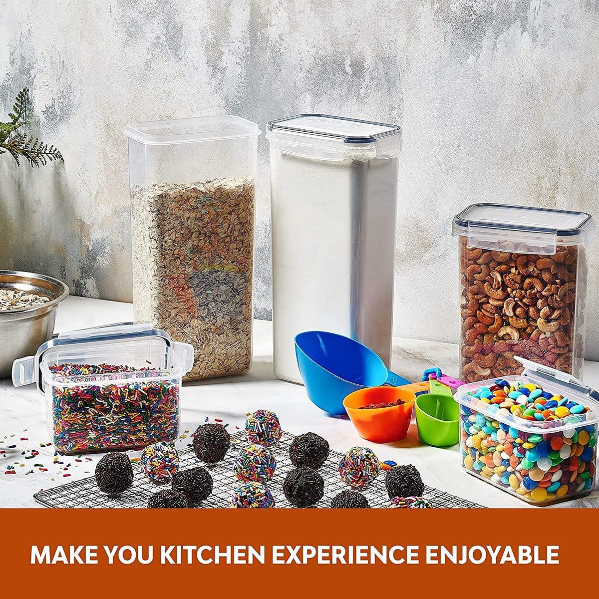 14 Pack Airtight Food Storage Container Set - BPA Free Clear Plastic Kitchen and Pantry Organization Canisters with Durable Lids for Cereal, Dry Food Flour & Sugar - Labels, Marker & Spoon Set