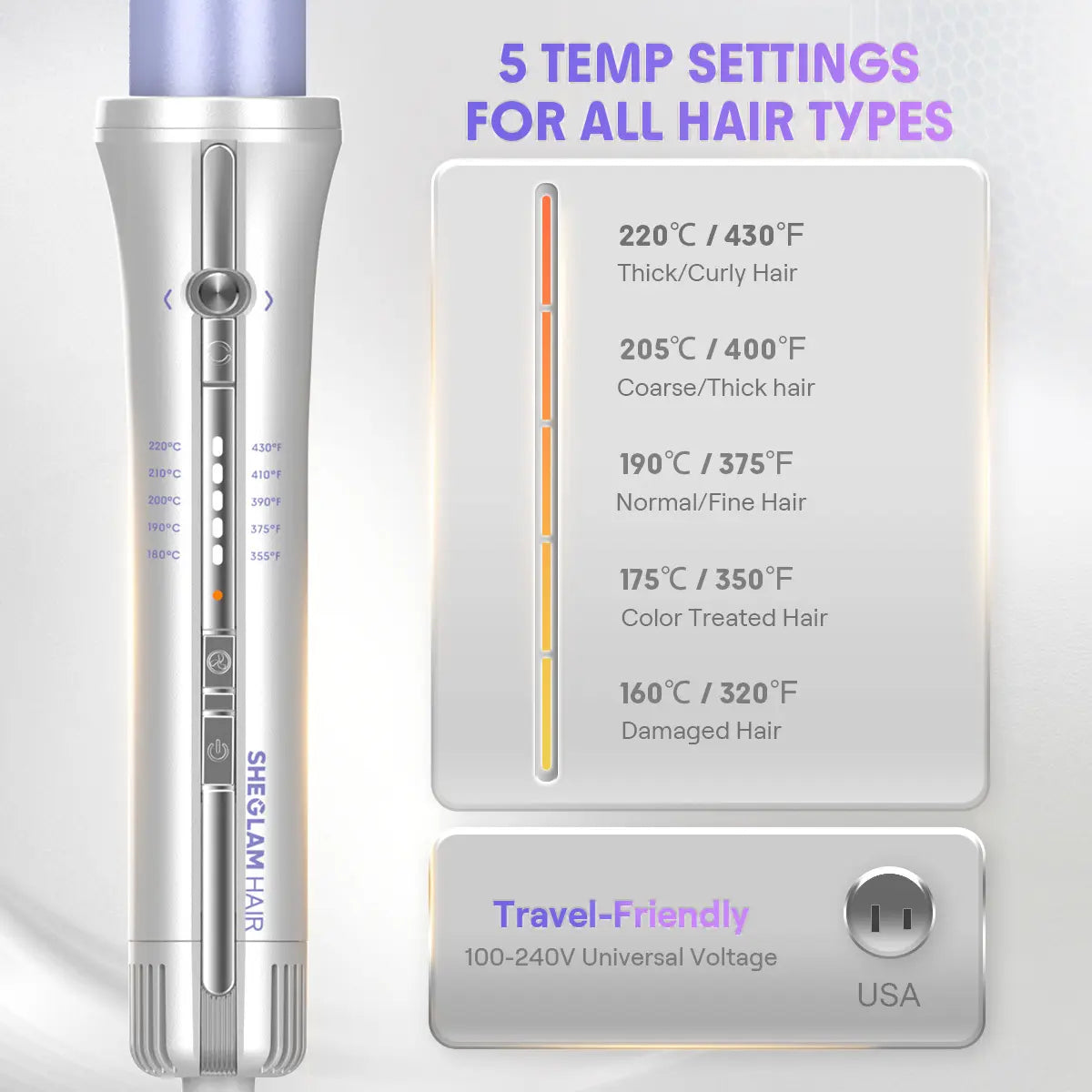 SHEGLAM HAIR One Touch Airflow Styler Pro-Silver Purple,Cool Air Auto-Rotating Curling Iron,5 Min Quick Styling,360° Cooling Airflow One Touch Operation Long-Lasting Results,5 Temps & Anti-Scald,Auto Off-Long Hair & All Hair Types- US Plug-Coachella
