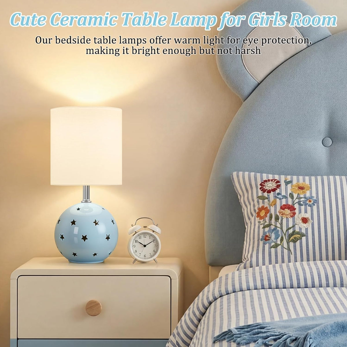Small Table Lamp, 14" Blue Ceramic Bedside Lamp for Girls Kids Bedroom,Dorm