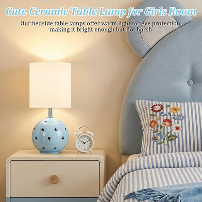 Small Table Lamp, 14" Blue Ceramic Bedside Lamp for Girls Kids Bedroom,Dorm