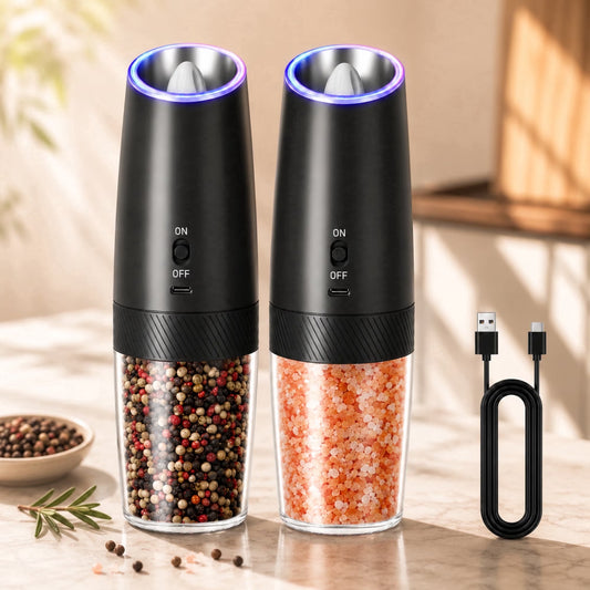 Rechargeable Electric Salt and Pepper Grinder Set Gravity Salt and Pepper Mills Set with LED Light, No Battery Needed, Adjustable Coarseness, Washable 135Ml Container