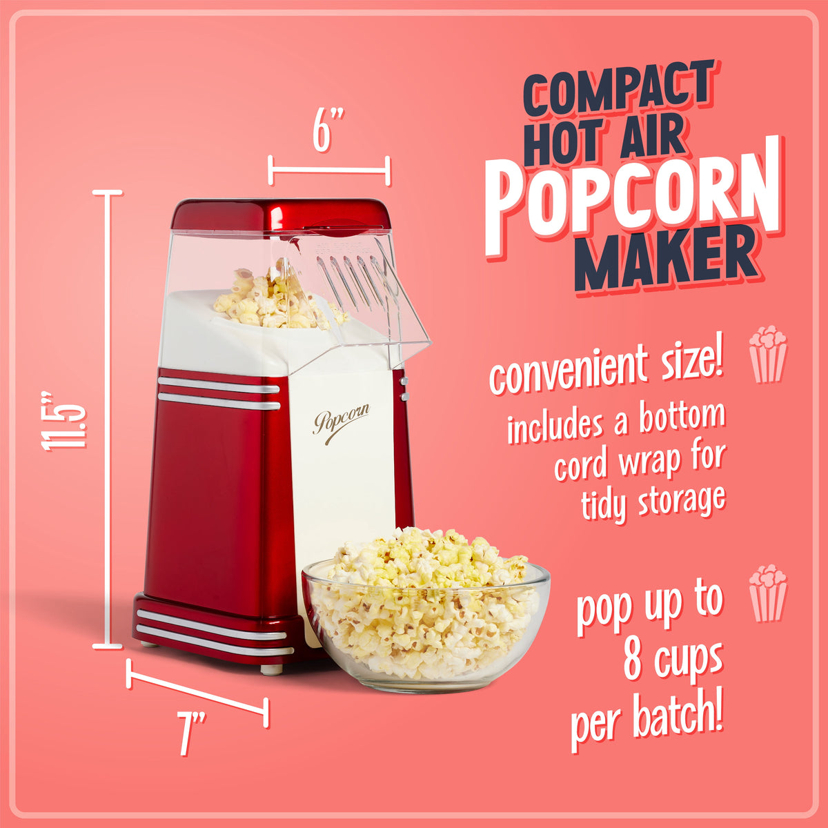 Hot Air Popcorn Maker, 8-Cup Countertop Popcorn Machine with Measuring Cup, Red