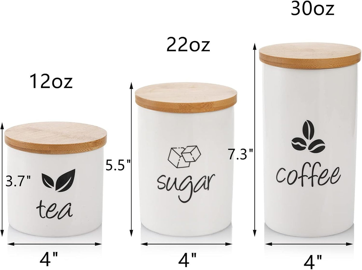 3 Pack Ceramic Canister Set, 30/22/12 OZ Kitchen Airtight Food Storage Jar with Bamboo Lids, Coffee Sugar Tea Storage Containers Pots Jars for Counter, Farmhouse Kitchen Decor, White