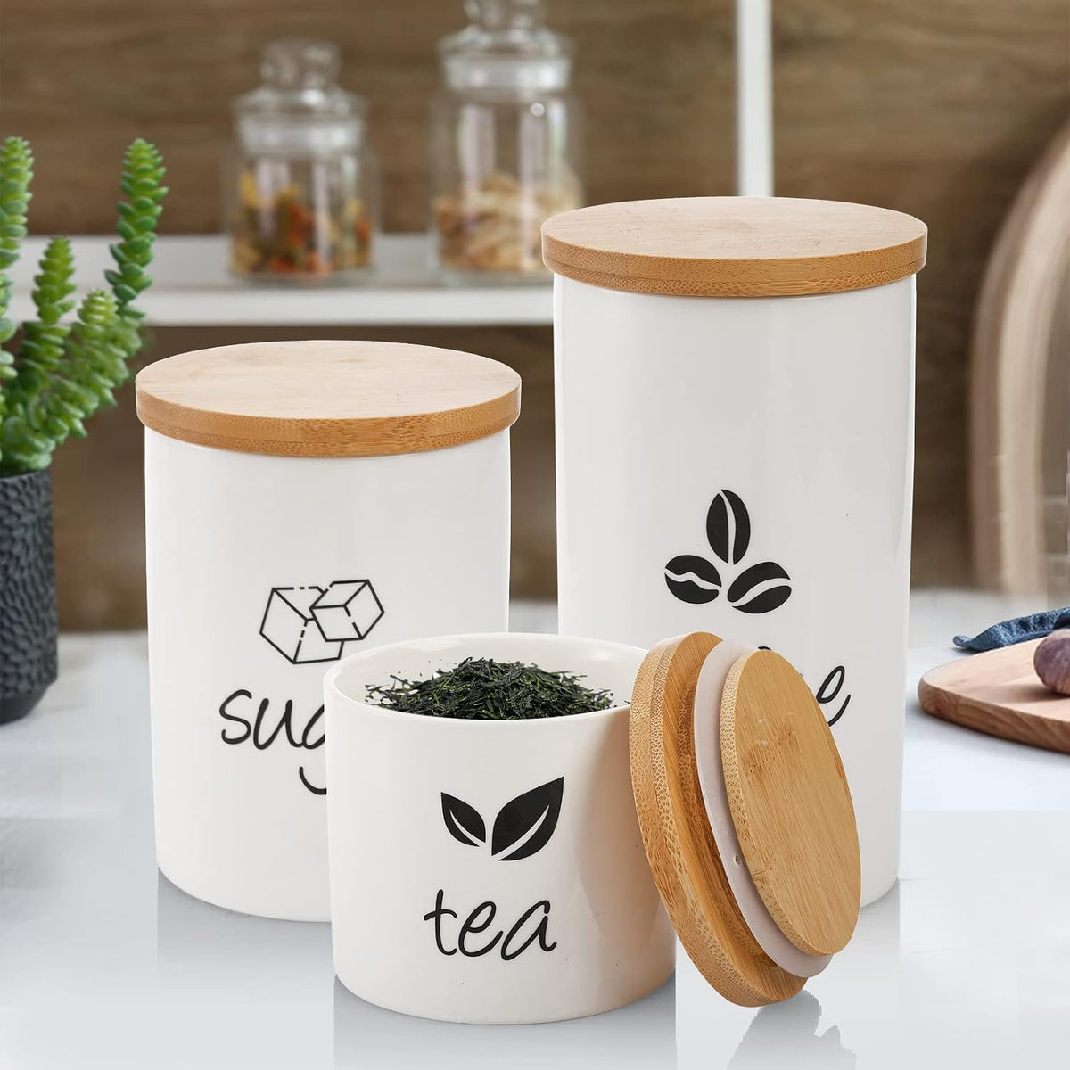 3 Pack Ceramic Canister Set, 30/22/12 OZ Kitchen Airtight Food Storage Jar with Bamboo Lids, Coffee Sugar Tea Storage Containers Pots Jars for Counter, Farmhouse Kitchen Decor, White