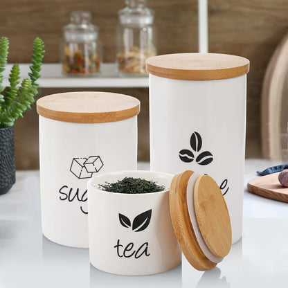 3 Pack Ceramic Canister Set, 30/22/12 OZ Kitchen Airtight Food Storage Jar with Bamboo Lids, Coffee Sugar Tea Storage Containers Pots Jars for Counter, Farmhouse Kitchen Decor, White