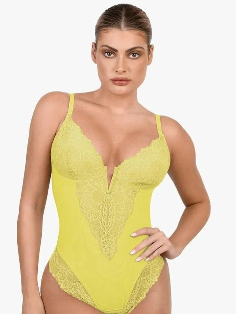 Popilush Deep-V Neck Built-In Shaper Lace Bodysuit - Live Elegant Adjustable