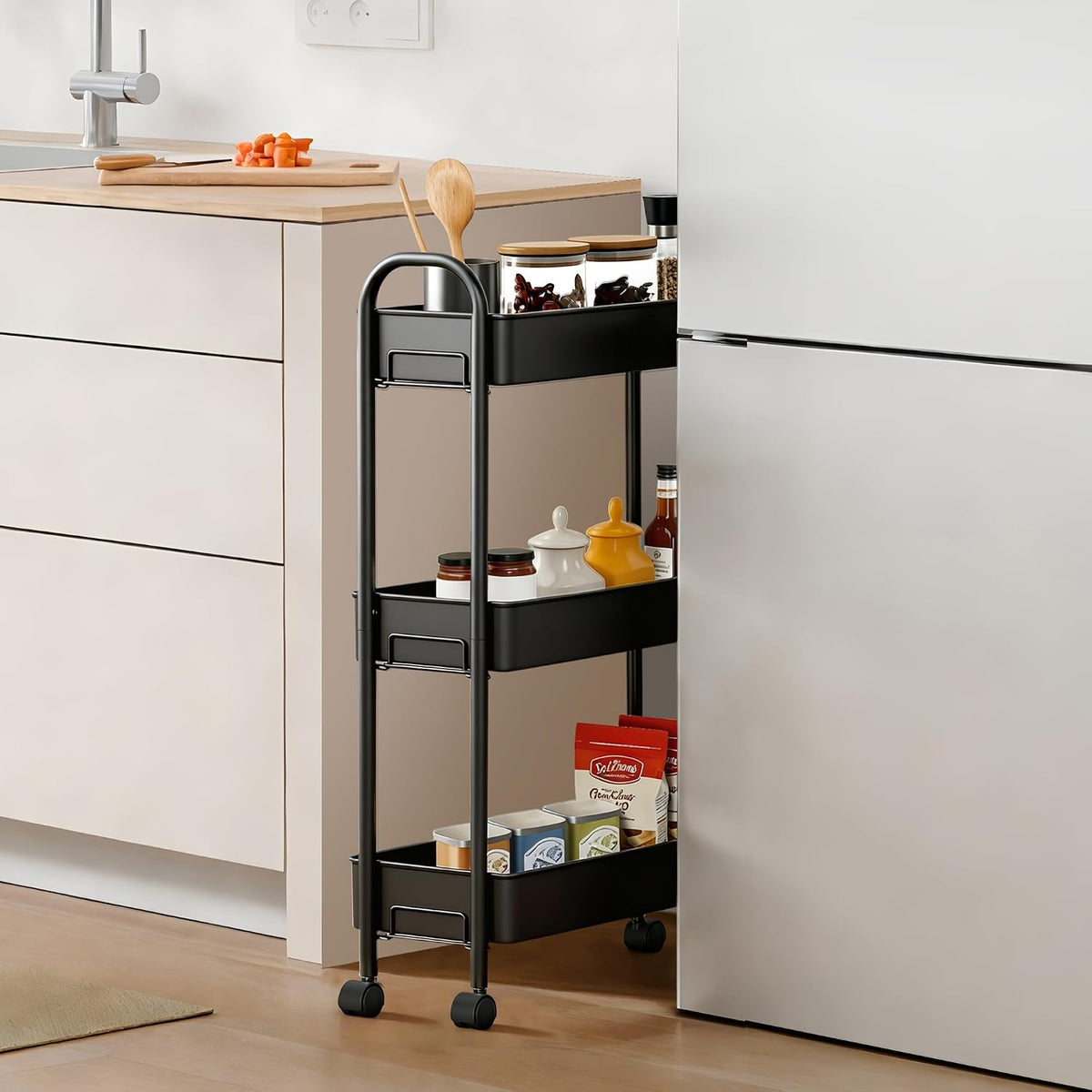 Slim Rolling Cart, Metal Frame Utility Rolling 3-Tier Narrow Storage Cart