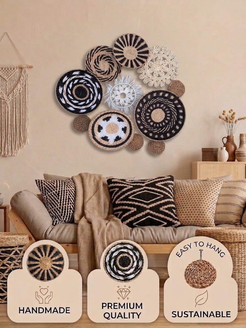 11-Piece (Retro) Boho Wall Basket Decor – Handmade Woven Wall Baskets, Bohemian Farmhouse Wall Art, Rustic Hanging Basket Set for Living Room, Bedroom & Kitchen Summer Decoration
