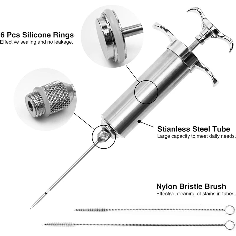 2 Oz Meat Injector Syringe Kit with 3 Marinade Needles Stainless Steel Meat Injector for BBQ Grill Smoker Beef JT334
