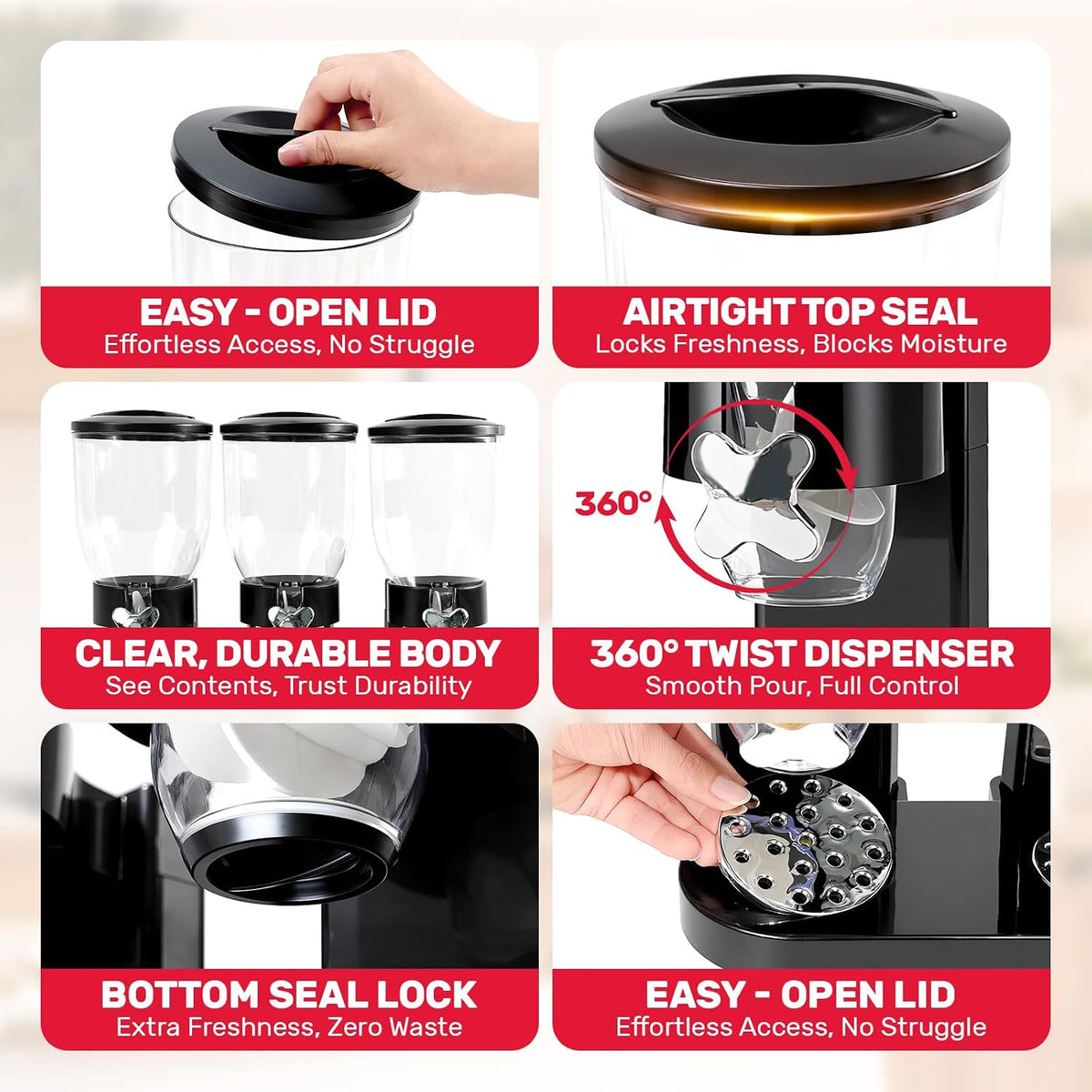 Triple Cereal Dispenser Countertop - 3 Pack 2L Black