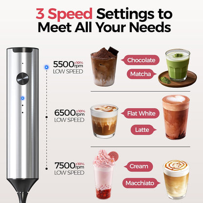 Rechargeable Milk Frother, 3-Speed Electric Whisk, 2 Heads