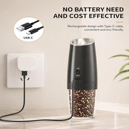 Rechargeable Electric Salt and Pepper Grinder Set Gravity Salt and Pepper Mills Set with LED Light, No Battery Needed, Adjustable Coarseness, Washable 135Ml Container