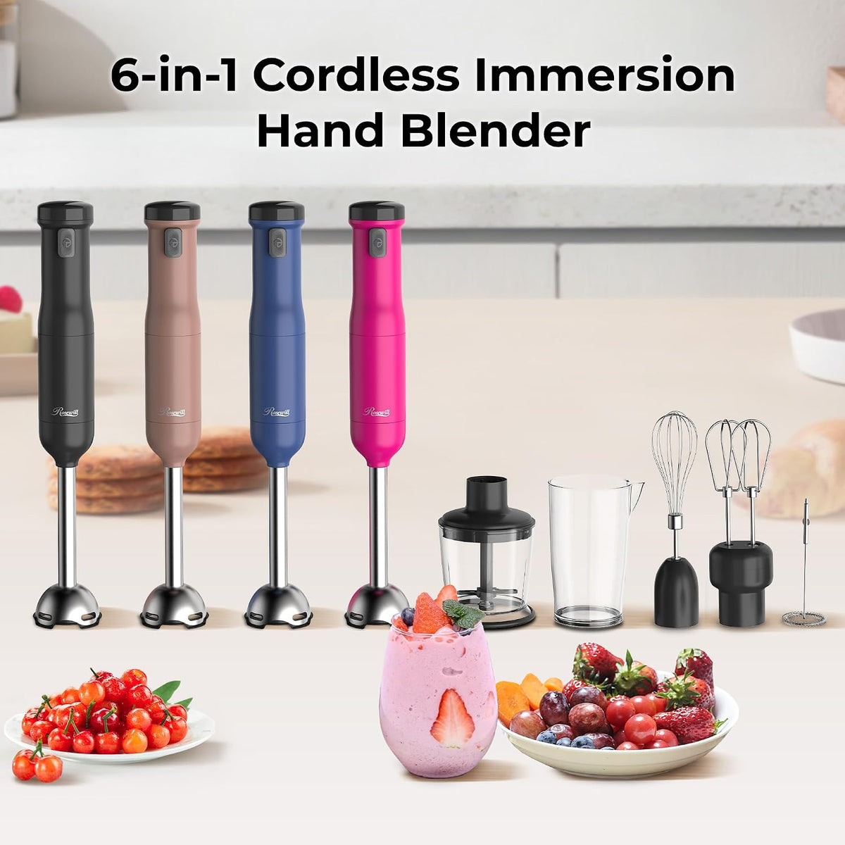 6-In-1 Multi-Speed Cordless Rechargeable Immersion Hand Blender, Heavy Duty Motor - Stick Blender, Beaker, Whisk, Chopper, Dual Beater, Milk Frother - for Smoothies, Baby Food, Soup - Blue