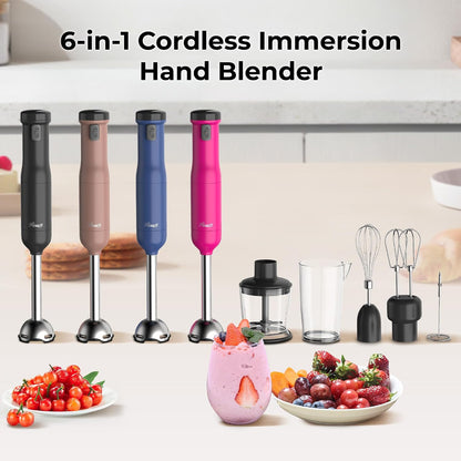 6-In-1 Multi-Speed Cordless Rechargeable Immersion Hand Blender, Heavy Duty Motor - Stick Blender, Beaker, Whisk, Chopper, Dual Beater, Milk Frother - for Smoothies, Baby Food, Soup - Blue