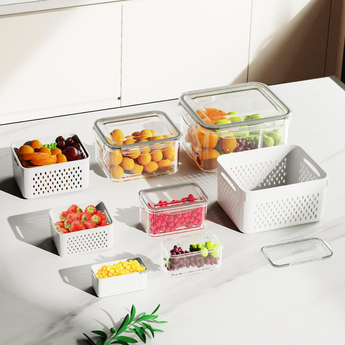 Fruit Storage Containers for Fridge 4 Pcs with Drain Basket