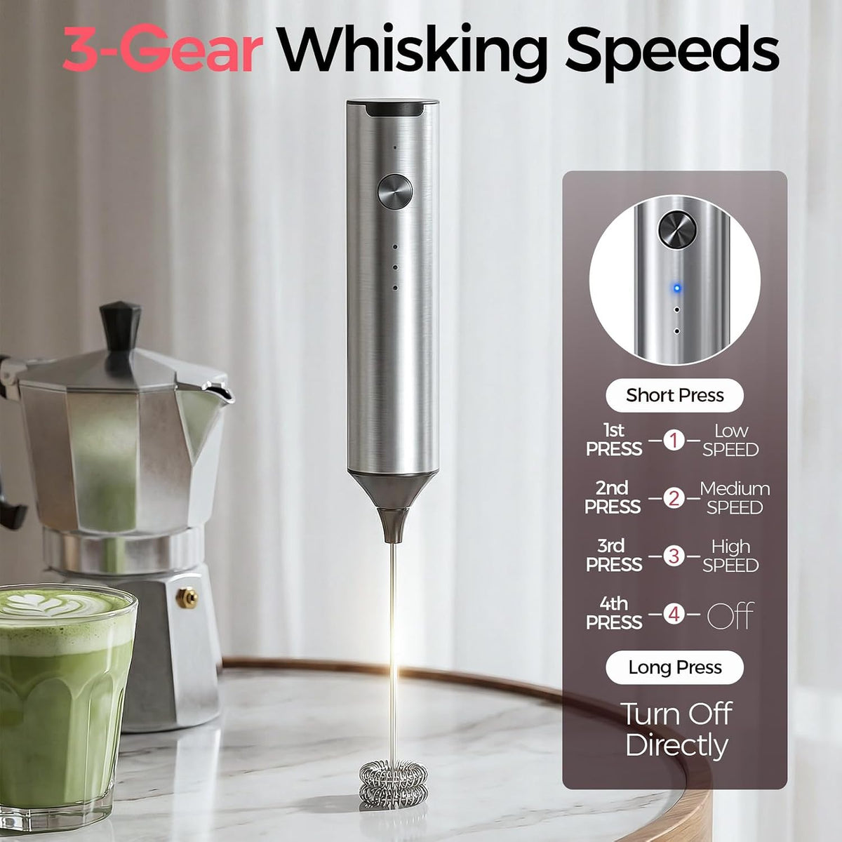 Rechargeable Milk Frother, 3-Speed Electric Whisk, 2 Heads