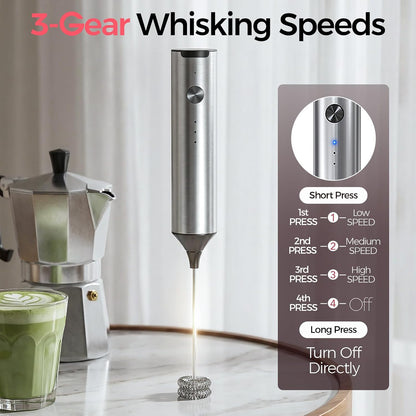 Rechargeable Milk Frother, 3-Speed Electric Whisk, 2 Heads