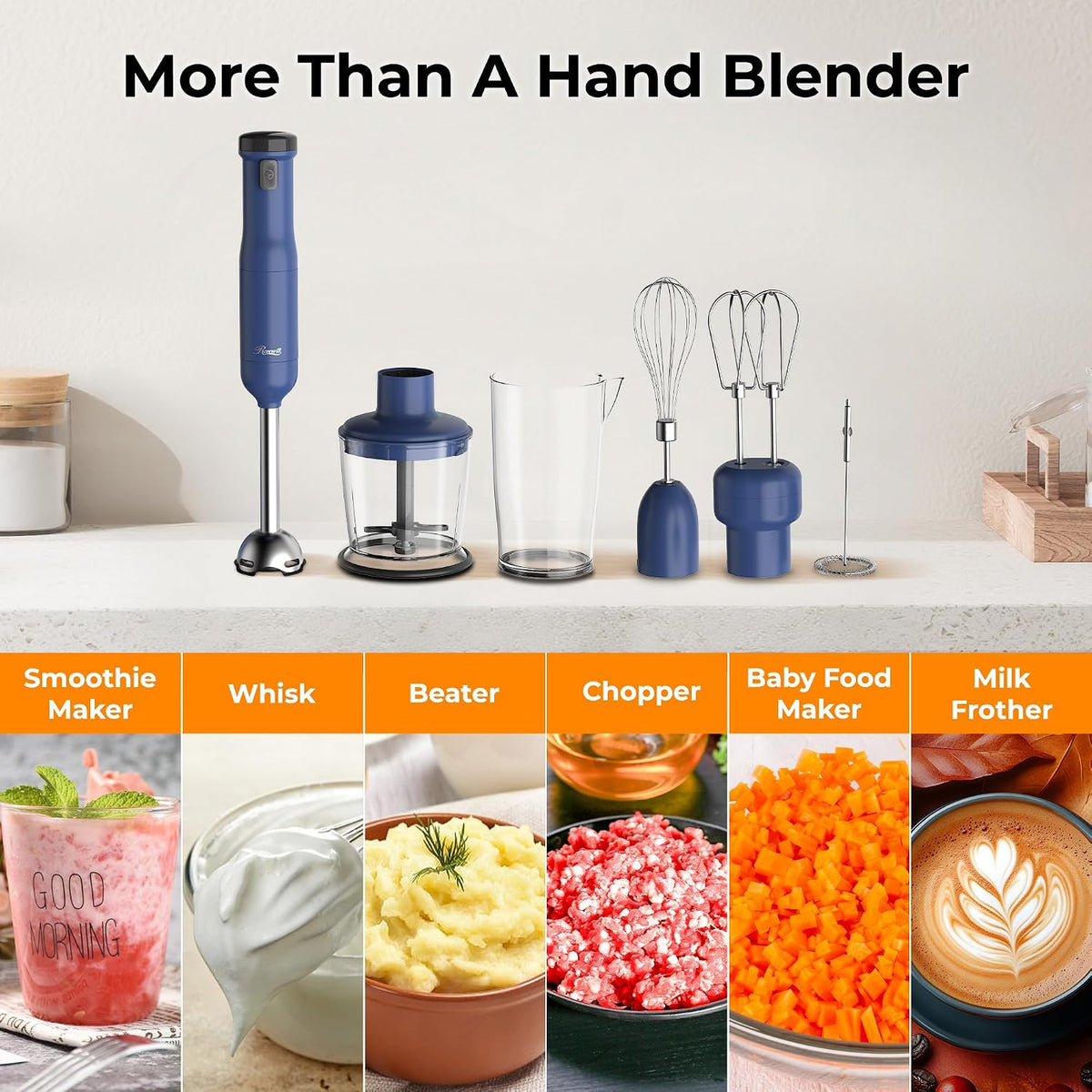 6-In-1 Multi-Speed Cordless Rechargeable Immersion Hand Blender, Heavy Duty Motor - Stick Blender, Beaker, Whisk, Chopper, Dual Beater, Milk Frother - for Smoothies, Baby Food, Soup - Blue