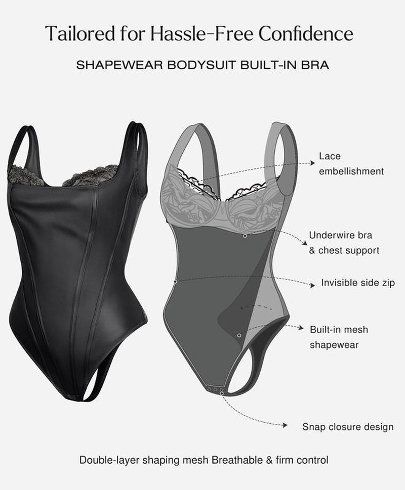 Popilush Faux Leather Corset Top Bodysuit Lingerie Lace Trim Shapewear Tummy Control Bustier Sleeveless#Fallfreshness #Tiktokshoplabordaysale