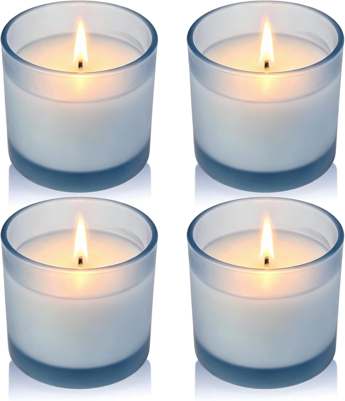 Set of 4 White Unscented Soy Candles, Light Blue Glass Mini Votive Candles, Hand-Poured Wax Candles for Home Décor, Aromatherapy, Spa, Holidays, Parties, and Weddings 10-12 Hours Burn Time