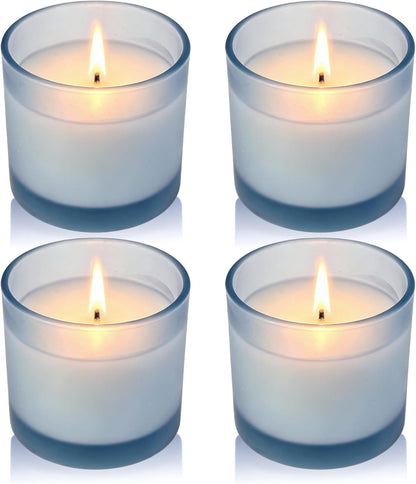 Set of 4 White Unscented Soy Candles, Light Blue Glass Mini Votive Candles, Hand-Poured Wax Candles for Home Décor, Aromatherapy, Spa, Holidays, Parties, and Weddings 10-12 Hours Burn Time