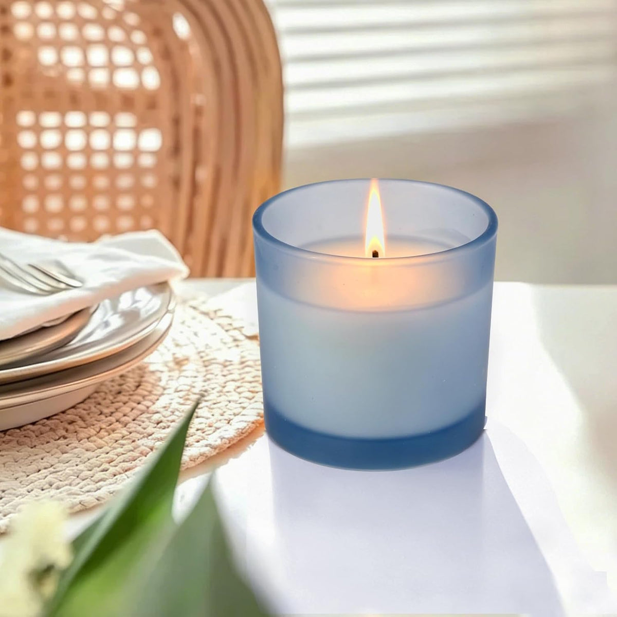 Set of 4 White Unscented Soy Candles, Light Blue Glass Mini Votive Candles, Hand-Poured Wax Candles for Home Décor, Aromatherapy, Spa, Holidays, Parties, and Weddings 10-12 Hours Burn Time