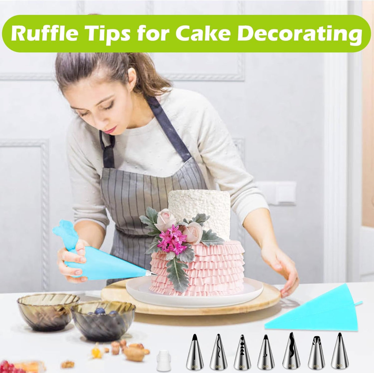Ruffle Piping Tips Set, 9-Piece Cake Decorating Kit with Bag