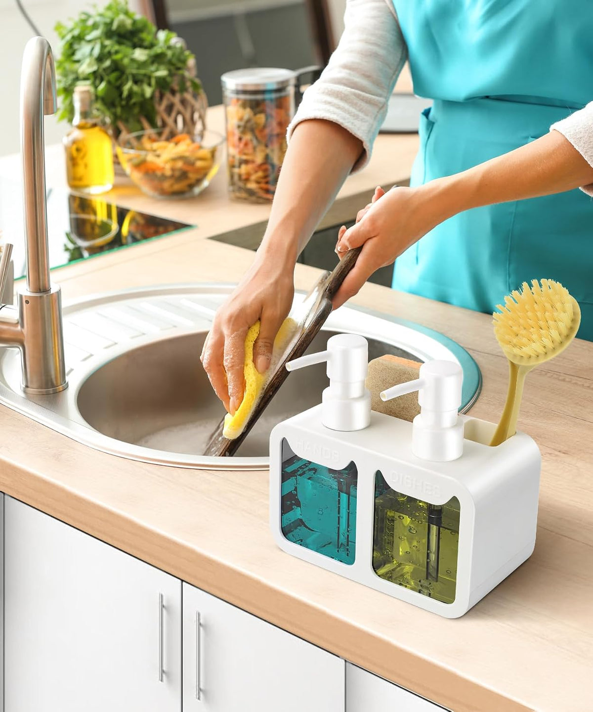 Kitchen Hand Soap and Dish Soap Dispenser Set, Dual Soap Dispenser with Sponge Caddy and Brush Holder 4-In-1 Organizer for Sink Countertop, Useful Kitchen Gadgets - White
