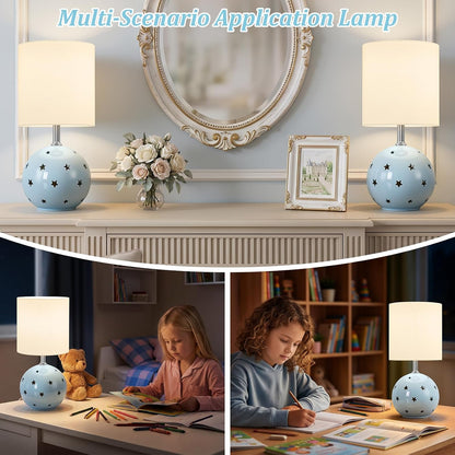 Small Table Lamp, 14" Blue Ceramic Bedside Lamp for Girls Kids Bedroom,Dorm