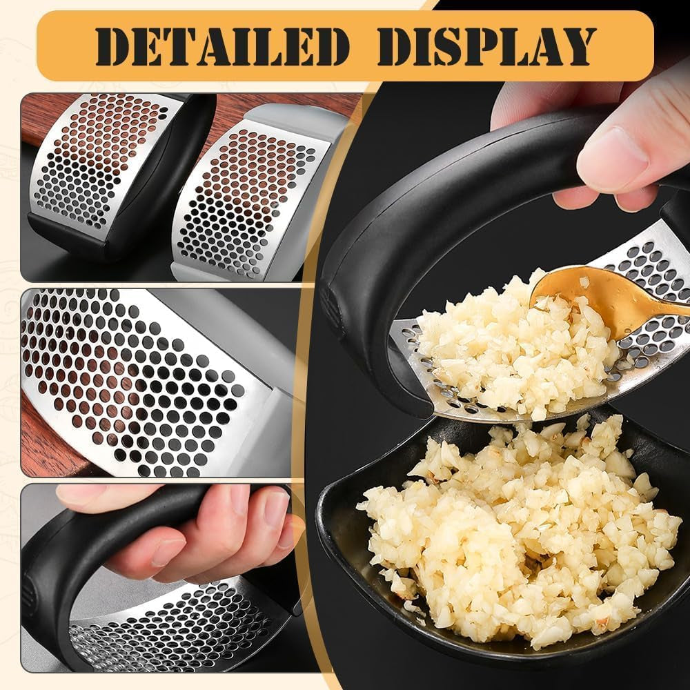 Garlic Press Rocker, Portable Manual Stainless Steel Garlic Press Rocker Crusher Masher with Garlic Peeling Drum for Home Kitchen Utensils Garlic Crusher (2)