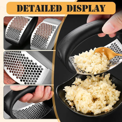 Garlic Press Rocker, Portable Manual Stainless Steel Garlic Press Rocker Crusher Masher with Garlic Peeling Drum for Home Kitchen Utensils Garlic Crusher (2)
