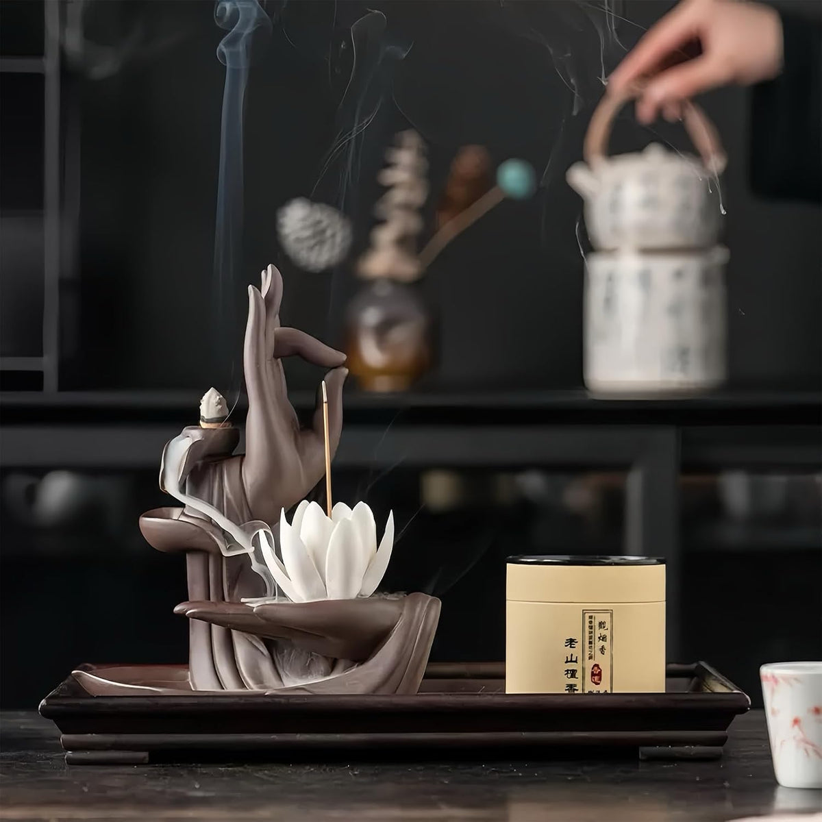 Lotus Hand Backflow Incense Burner– Ceramic Cones Incense Holder Waterfall Incense Burner & Incense Waterfall Fountain for Zen Decor Backflow Incense Cone Burner