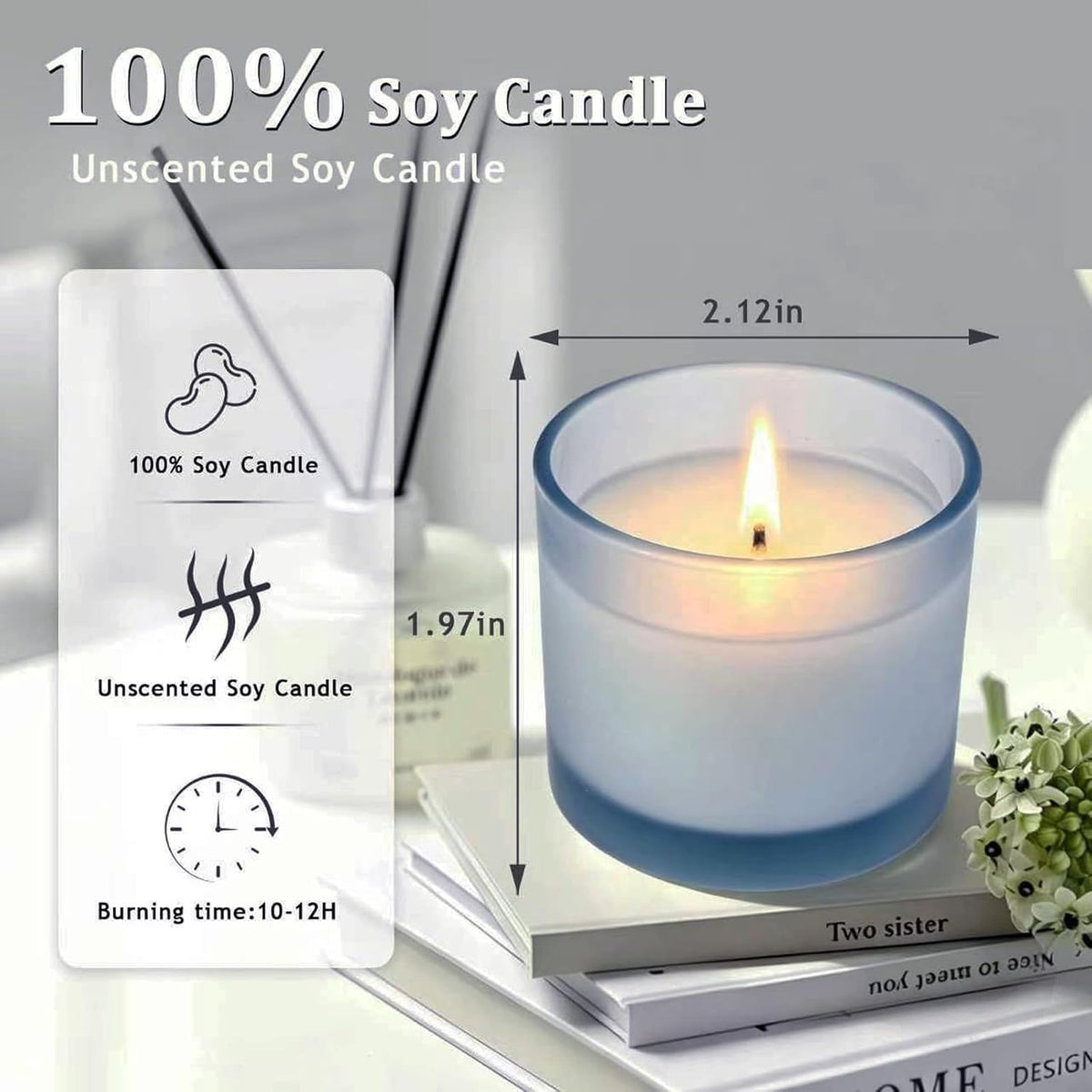 Set of 4 White Unscented Soy Candles, Light Blue Glass Mini Votive Candles, Hand-Poured Wax Candles for Home Décor, Aromatherapy, Spa, Holidays, Parties, and Weddings 10-12 Hours Burn Time